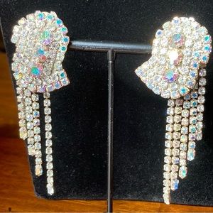 Vintage Aurora Borealis Rhinestone Graduated Tassel Clip Earrings